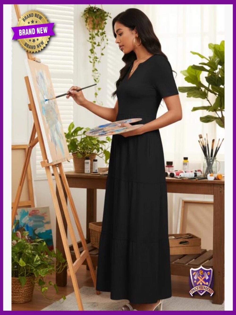 Women's Casual Loose Maxi Dress with Pockets V Neck Short Sleeve Tiered Long - Picture 3 of 7